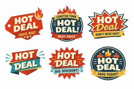 Collection of hot deal labels, badges, and stickers promoting sales, discounts, limited time offers, and best prices