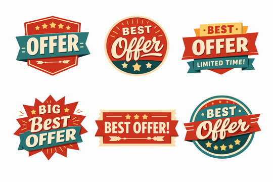 Best offer promotion badges set with vintage design, encouraging sales, discounts, and limited time deals