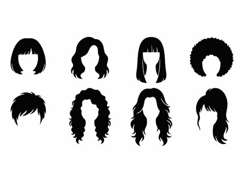 Set of various female hair wig icons and hairstyles vector black silhouette