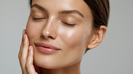 Obraz premium Woman Caress Face, Showcase Healthy Skin, Beautiful Complexion and Glow