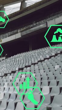 Vertical video: Power hex appearing, neon icons moving and scaling over empty seats, showing data