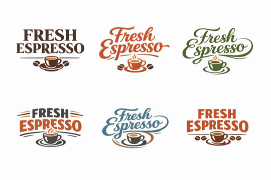 Fresh espresso coffee shop logos with steaming cups and coffee beans creating vintage style labels