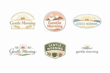 Obraz premium Morning concept logo collection featuring suns, coffee cups, and natural elements for cafe and breakfast branding