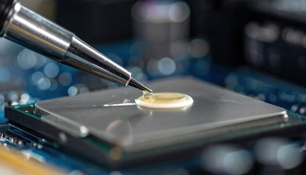 Macro closeup of thermal paste application on computer processor, heat sink maintenance, PC repair, hardware cooling, engineering technical service