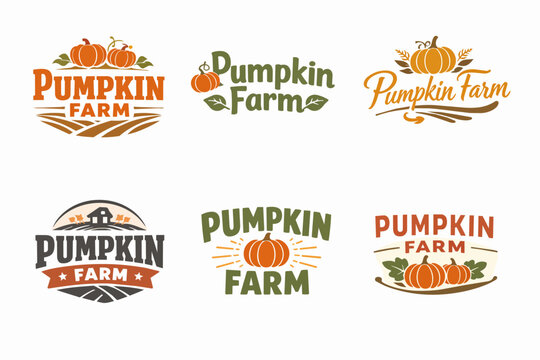 Collection of pumpkin farm logos and badges representing autumn harvest, agriculture, and seasonal branding with vintage elements