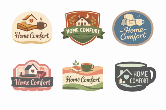 Home comfort logos collection featuring various cozy elements, houses, hot drinks, blankets, and gentle colors