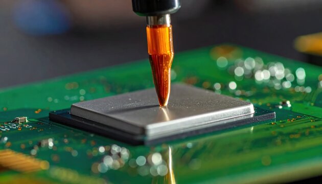 Macro closeup of thermal paste application on computer processor chip, electronic assembly, cooling maintenance, repair service, hardware engineering, tech upgrade