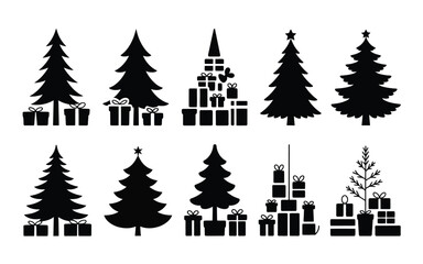 Obraz premium Black silhouette christmas trees with gifts and presents on white background holiday symbols