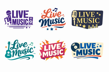 Obraz premium Set of live music emblems and badges featuring microphones, guitars, vinyl, speakers, and musical notes