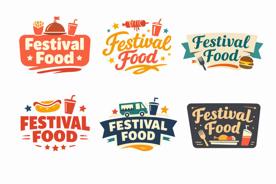 Festival food labels collection showing various street food and carnival snacks branding with food truck and stand elements