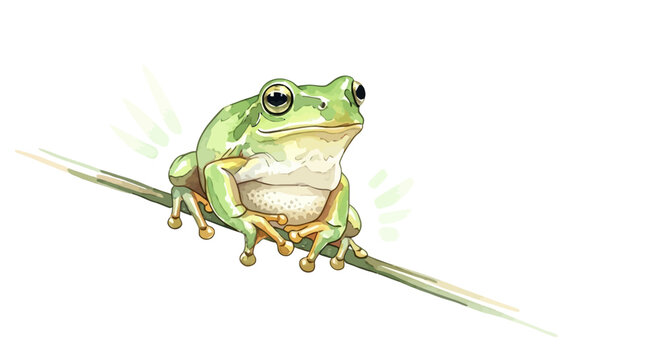 Watercolor illustration of a green tree frog sitting on a thin branch isolated on white.