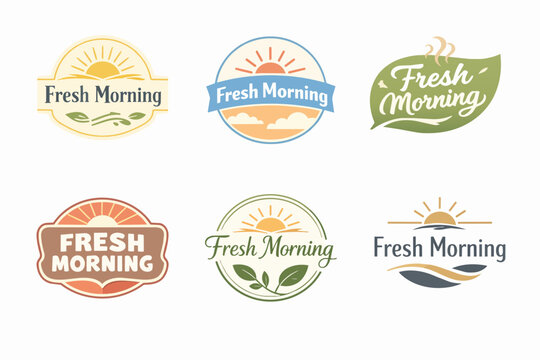 Fresh morning breakfast and natural product logos creating brand identity for healthy food and drinks