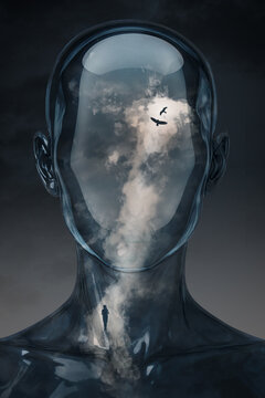 Transparent human head with stormy clouds and flying birds inside, concept of mental freedom
