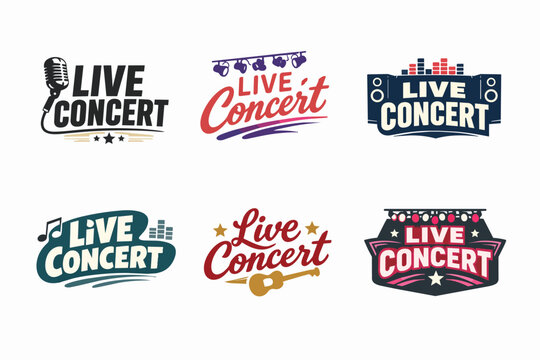 Live concert logo emblems set illustrating music event, festival, show, sound, and festival performance designs