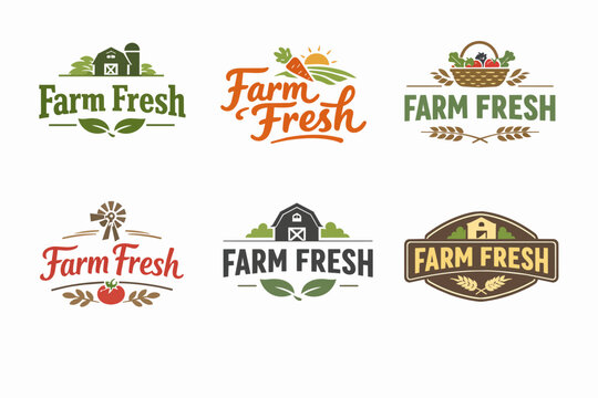 Farm fresh logos collection featuring barns, windmills, vegetables, fruits, and leaves emblems for organic food brands