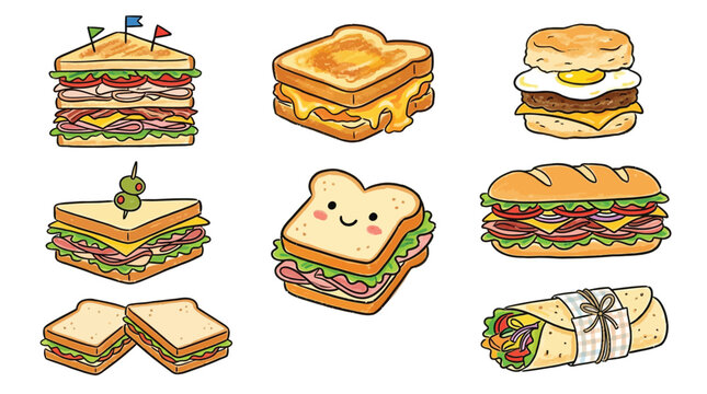 A vibrant collection of nine delicious and diverse sandwiches and wraps, each illustrated in a charming cartoon style.