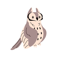 Fototapeta premium Cute polar owl with funny expression on face. Arctic owlet with surprised emotion sits. Night bird of prey. Wild and wise animal of forest with wings. Flat isolated vector illustration on white
