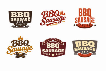 Obraz premium Bbq sausage logo collection featuring different vintage badge designs for grilled meat or barbecue branding