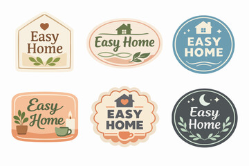Obraz premium Easy home collection labels and stickers in various retro vintage styles, symbolizing comfort, coziness, and domestic well-being