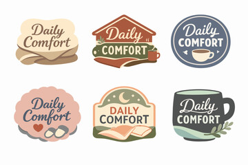 Obraz premium Daily comfort logos collection with various cozy elements like coffee, home, bed, slippers, and blankets
