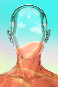 Transparent human head with desert landscape and clear sky inside, concept of calm mindset