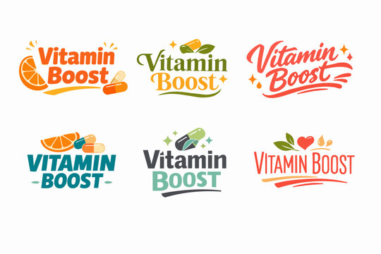 Vitamin boost creative logo design set offering diverse styles for packaging and health product branding