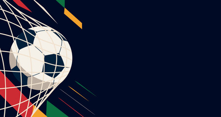Football championship. Soccer ball in a net, hitting the goal, flat style. Modern football vector horizontal banner, minimalist composition, for sports campaigns, championships, promotional materials © AyaLinesDesign