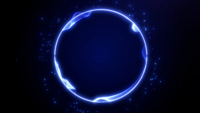 Neon blue circle frame with glowing ring, scattered particles and dark abstract technology style, electric light halo and futuristic digital mood.
