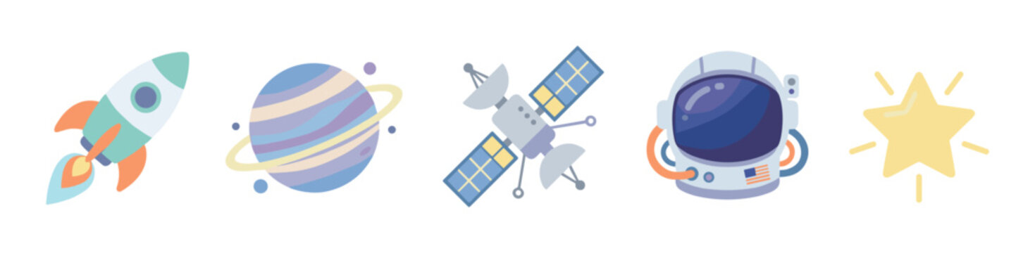 Space exploration elements vector illustrations set featuring various cosmic objects like a rocket, planet, satellite, astronaut helmet, and shining star in a flat design style.