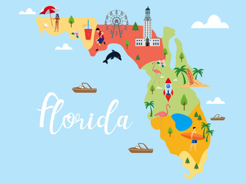 florida landmark cultural symbol illustration map architecture miami, tour tourism landmark beach