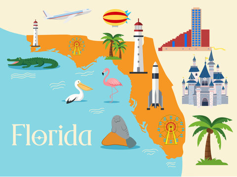 florida landmark cultural symbol illustration map architecture miami, tour tourism landmark beach