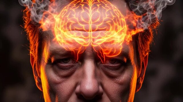 Human brain engulfed in flames representing intense mental stress and cognitive overload