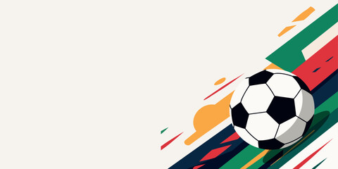 Obraz premium Football horizontal banner. Dynamic soccer ball, abstract shapes. Modern flat vector design features vibrant colors. Perfect for sporting events, football championships, marketing materials, web banne