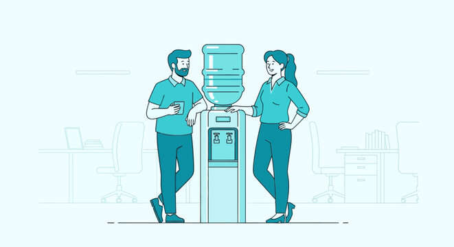 Office colleagues talking by water cooler during work break