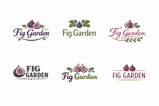 Six vector fig garden logos showing fruit and leaves, presenting options for fresh, organic food branding