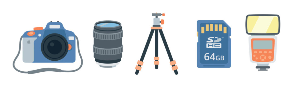 Photography equipment including a digital camera, interchangeable lens, compact tripod, memory card, and external flash unit are neatly arranged in a clean, modern illustration.