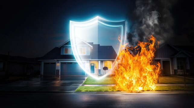 A suburban house is shielded by a glowing icon as flames and smoke threaten nearby. Dramatic home insurance concept highlighting protection and safety.