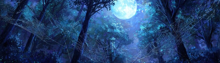 Naklejka premium Full moon glowing above dense forest with large intricate spider webs hanging between tree branches