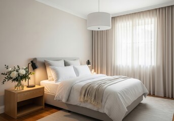 Fototapeta premium Modern cozy bedroom interior with a comfortable bed, wooden nightstand, and soft natural sunlight through the window