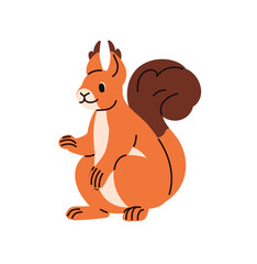 Fototapeta premium Happy baby squirrel with fluffy tail sits in cute pose. Funny little animal of forest with ginger coat. Curious character of woodland wildlife. Flat isolated vector illustration on white background