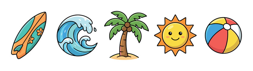 Obraz premium Cute cartoon summer beach elements including surfboard, wave, palm tree, sun, and beach ball arranged horizontally in a playful illustration.