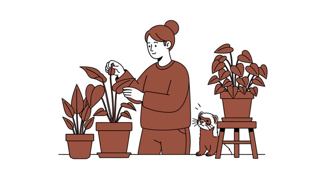 Woman caring for houseplants with pet ferret illustration