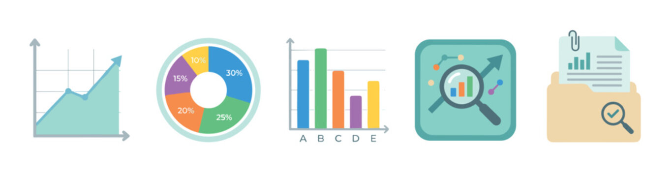 Business data analysis icons collection illustrating various financial growth metrics and statistical reports for corporate presentations.