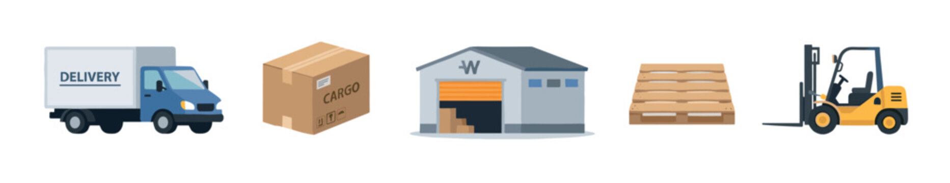 Logistics and shipping elements are essential components for modern supply chain management, including vehicles, packaging, storage, and material handling equipment.