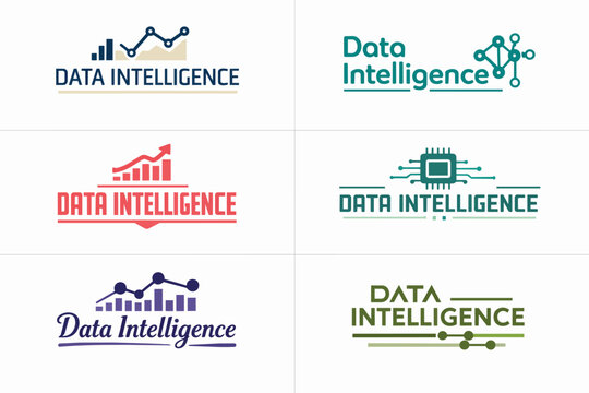 Collection of data intelligence logos for analytics, big data, business technology, and cyber security concepts