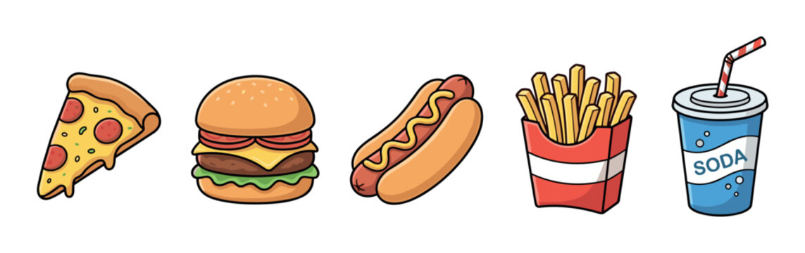 Collection of popular fast food items including pizza, burger, hot dog, fries, and soda, presented in a fun cartoon style illustration.