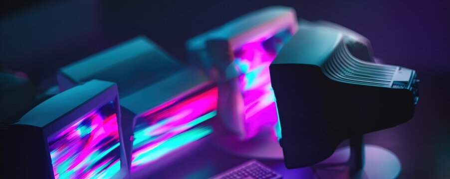 Ultra-realistic CRT monitors glow with neon glitch patterns in a dark, cyberpunk room. Analog signal distortion and scanlines create a vivid vintage tech aesthetic.