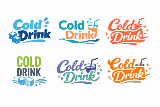 Collection of stylized cold drink logos and labels, featuring beverages, ice cubes, and refreshing elements for branding
