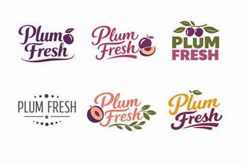Fototapeta premium Plum fresh branding design set offering six unique logos with fruit elements and fresh produce concepts