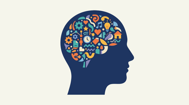 Human Head Silhouette with Colorful Brain Icons Representing Psychology Creativity and Mental Health